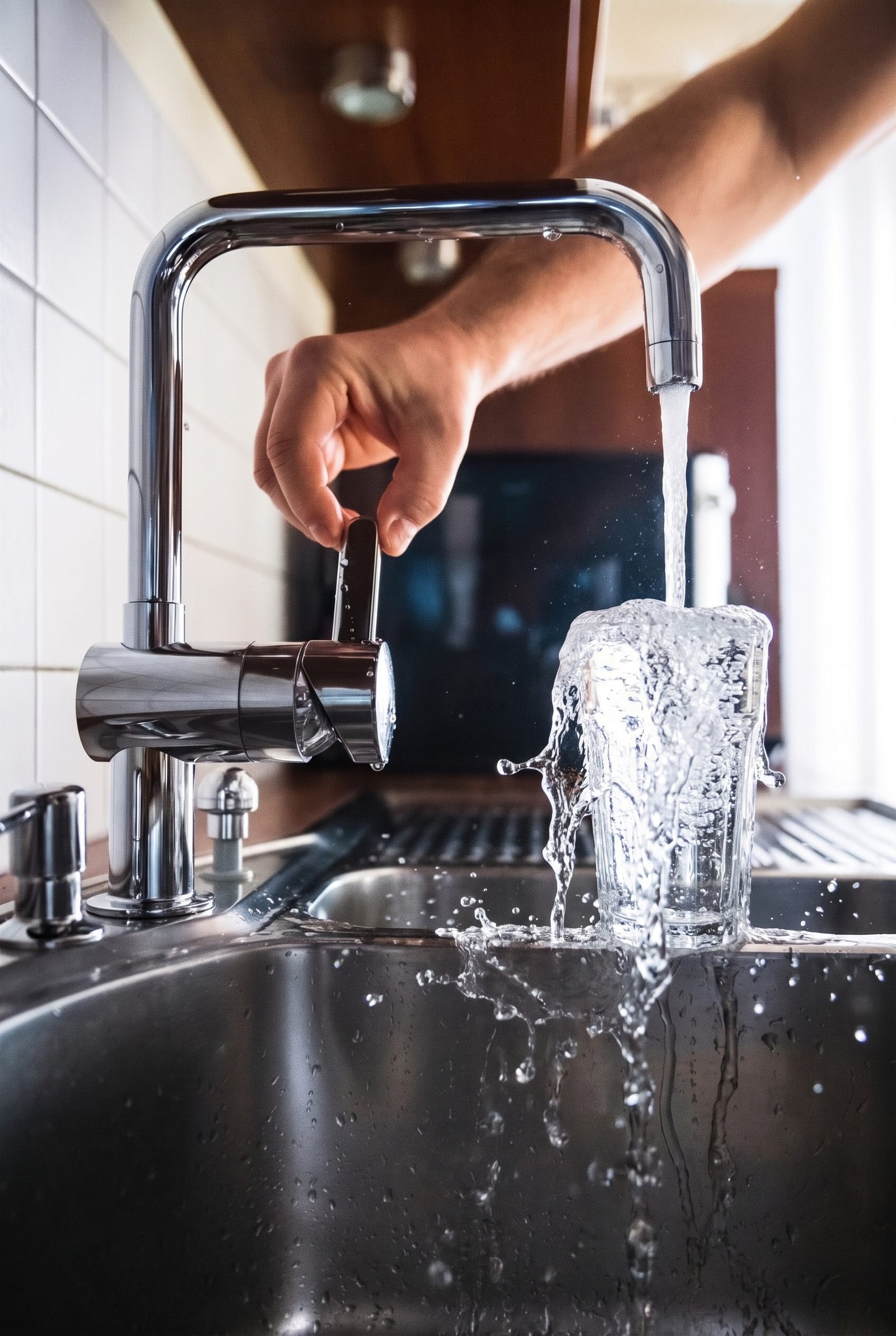 Kitchen mixer tap running, water overflowing from a glass into the sink — Derbyshire Plumbing Services